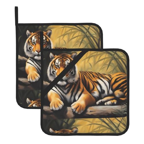 YYHWHJDE Quadratische isolierte Topfmatte mit liegendem Tigermuster, 2-teiliges Set zur Wärmeisolierung beim Entfernen des Deckels, Mikrowelle, Backofen und Grillen im Freien von YYHWHJDE