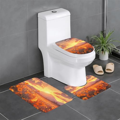 YYHWHJDE Rutschfeste Bodenmatte mit gelben Sonnenblumen bei Sonnenuntergang, dreiteiliges Set, Badezimmerteppich, rutschfest, langlebig von YYHWHJDE