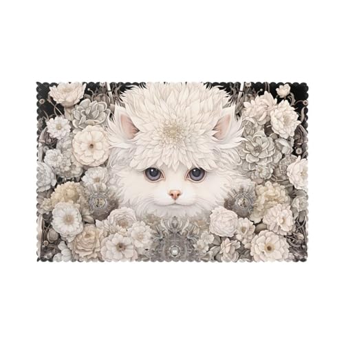 YYHWHJDE Tischsets mit Blumen-Katzen-Aufdruck, für Esstisch, 6 Stück, dickes und stabiles Design für hervorragende Verschleißfestigkeit, gute Faltenbeständigkeit von YYHWHJDE