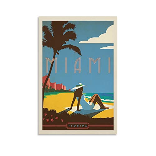 Miami Florida City Retro-Reiseposter auf Leinwand, Kunstdruck und Wandkunst, modernes Familien-Schlafzimmer, Deko-Poster 50 x 75 cm von YYKG