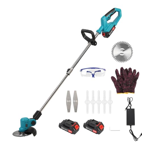 21V Unkraut-Wacker Elektrischer Unkraut-Esser Akku-Saitenschneider 1 Ladegerät und 2 x 2.0Ah Batterie einziehbare Unkraut-Essen Wiederaufladbare Handheld-Rasenmäher für Rasen (Light Blue) von YYLHJW