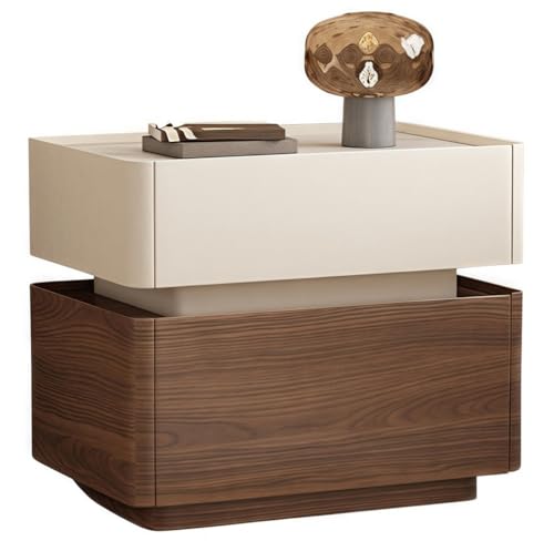 YYLMKMFC Nachttisch aus Leder mit Sensorlicht, Nachttisch aus Massivholz mit 2 Ablagemöglichkeiten, Schieferarbeitsplatte, Moderne Nachttische(Brown and White) von YYLMKMFC