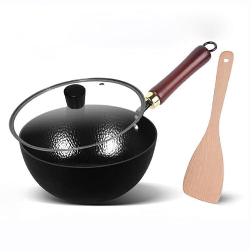 YYRHD-CZ Mini-Wok, Traditionelle Altmodische Unbeschichtete Antihaft-Wokpfannen Mit Rundem Boden, Gasherd-Wok Mit Abgedecktem Holzspatel, 20–28 cm(Glass lid,22cm) von YYRHD-CZ
