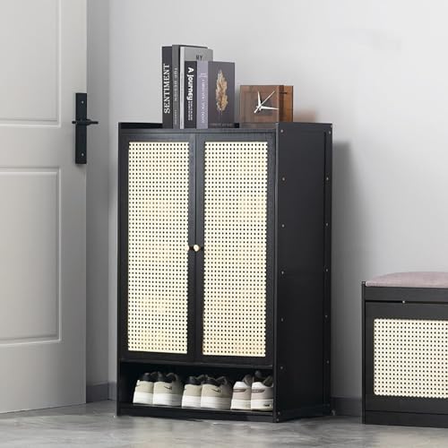 YYRHD-CZ Rattan-Schuhschrank, 8-lagiges Schuhregal Aus Holz Mit Großer Kapazität, Eingangsschrank, Geeignet for Schmale Flure, Wohnzimmer, Schlafzimmer(Black,A60x32x93cm(7F)) von YYRHD-CZ