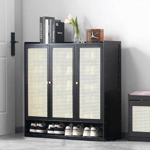 YYRHD-CZ Rattan-Schuhschrank, 8-lagiges Schuhregal Aus Holz Mit Großer Kapazität, Eingangsschrank, Geeignet for Schmale Flure, Wohnzimmer, Schlafzimmer(Black,A90x32x93cm(7F)) von YYRHD-CZ