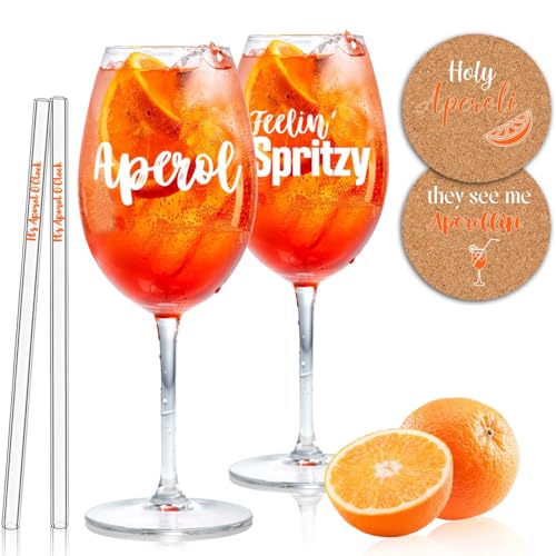 2er Set Aperol Geschenkset - Aperol Spritz Gläser mit Gravur | Glasstrohhalme | Korkuntersetzer, Cocktail Gläser, Tolles Geschenk von YYSWSAKY