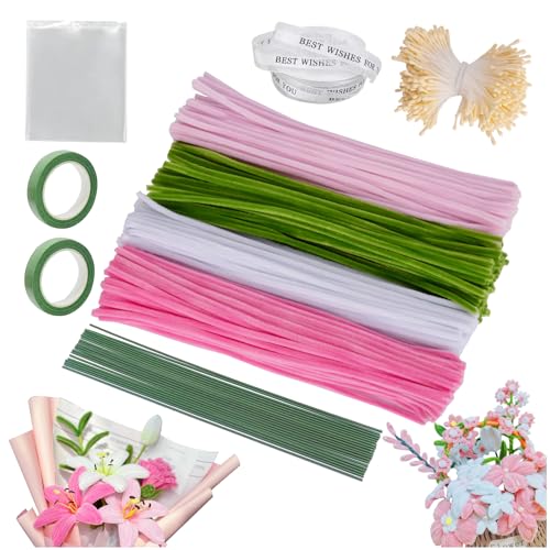 YYSWSAKY Pfeifenreiniger Blumen Set mit 400 Stück in 4 Farben Chenilledraht Pfeifenputzer zum Basteln Blumen Blumenpapier Blumendraht Band Blumenstaubgefäß Klebeband Pipe Cleaner DIY Basteln von YYSWSAKY