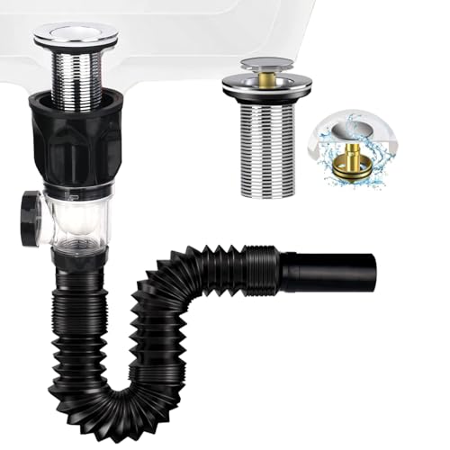YYTECH Siphon Waschbecken Abflussrohr Kit Waschbecken Ablaufgarnitur mit Einziehbarem Flexiblem Abflussrohr und Pop-up Abflussstopfen, Badezimmer Küchen Ausziehbar 300-1000MM von YYTECH