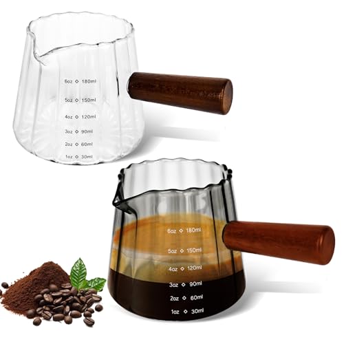 YYTECH 2 Stück 180ml Espresso Messbecher Glas mit Holzgriff, Espresso Kännchen Mit Skala, Transparent Messgläser mit V-förmiger Öffnung, Cocktail Messbecher ML für Kaffee Milch, Borosilikatglas von YYTECH