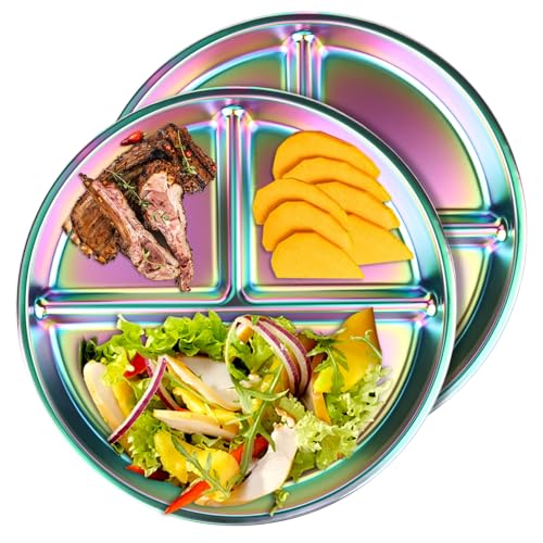 YYTECH 2 Stück Edelstahl Kinderteller, 23cm Portionskontrollteller mit 3 Fächern, Edelstahl Unterteilte Teller Kinder, Bariatrischer Teller, Camping Metallteller für Abendessen Snacks Partys (Farbe) YYTECH 2 Stück Edelstahl Kinderteller, 23cm Portionskontrollteller mit 3 Fächern, Edelstahl Unterteilte Teller Kinder, Bariatrischer Teller, Camping Metallteller für Abendessen Snacks Partys (Farbe) von YYTECH