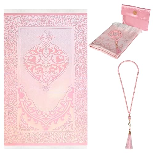 YYTECH Gebetsteppich mit Gebetsperlen, Muslimischer Weich Gebetsteppich Prayer Mat für Frauen & Männer, Lslamische Gebetsmatte-Set Geschenke für Ramadan Eid Bayram(Rosa) von YYTECH