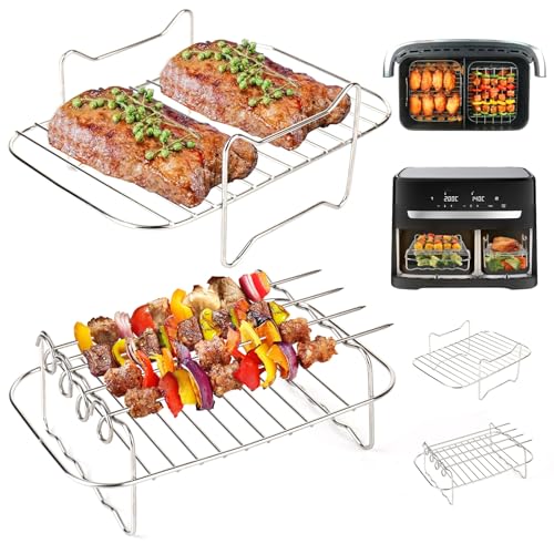 YYTECH Heißluftfritteuse Grillrost für Ninja AF300EU AF400EU-Serie, 2 Stück Luftfritteusenständer mit 4 Spießen, Air Fryer Rack Edelstahl Heißluftfritteuse Zubehör Mehrzweck-Luftfritteuse Zubehör von YYTECH