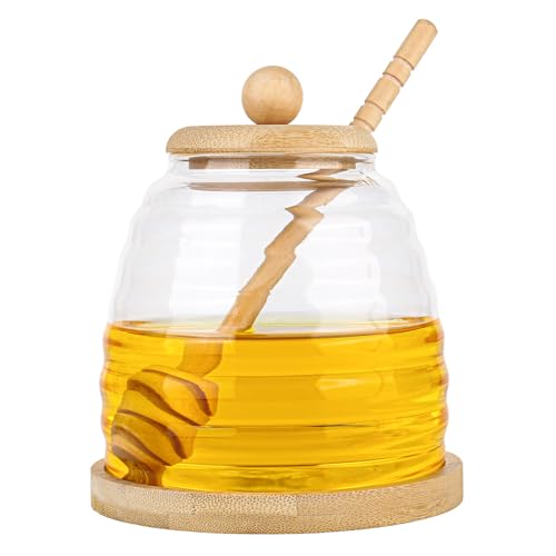 YYTECH Honigspender Glas Honigglas mit Schöpflöffel und Deckel, 500ml Honiggläser Transparentes Glas Honigspender Honigvorratsglas Honigtopf Zum Servieren von Honig und Sirup von YYTECH