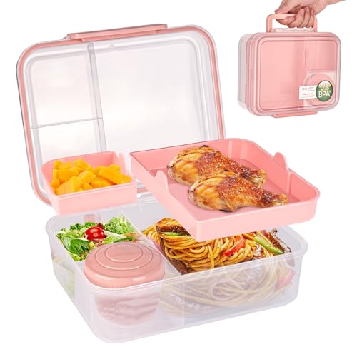 YYTECH Lunchbox Erwachsene 1650ML, Brotdose Mit FäChern, Jausenbox Kinder, Bento Box Kinder, Salatbox to Go mit Soßenbox, Snackbox Frühstücksbox für Schule Picknick Büro, Rosa von YYTECH