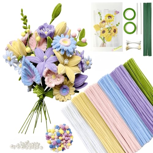 YYUENG TAK 500 Stück Pfeifenreiniger Blumen Set(6 Farben),Pfeifenputzer zum Basteln Blumen,pipe cleaners flower,mit Anweisungen,pompons,20 Stück Blumendraht,2 verschiedene Staubblatt,Klebeband von YYUENG TAK