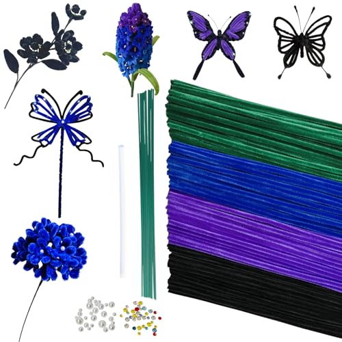 YYUENGTAK 200 Stück Pfeifenputzer zum basteln blumen(blumendraht,Perlen,farbige Strasssteine),Pfeifenreiniger blumen Set für Zum Basteln und Dekorieren(Dunkelblau,Dunkelviolett,Weihnachtsgrün,Schwarz) von YYUENG TAK