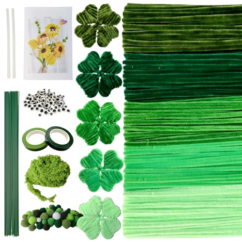 YYUENGTAK 500 Stück Pfeifenreiniger Grün（5-Farben-Verlauf）,Pfeifenputzer zum Basteln Blumen mit（Blumendrähte,Pompons,Grünes Garn，Wackelaugen)，Chenilledraht für DIY handwerksprojekte，Pipe Cleaner set von YYUENG TAK