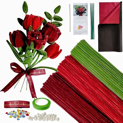 YYUENGTAK Rote Rose Pfeifenreiniger Blumen Set, 200 Stück Pfeifenputzer zum Basteln, von YYUENG TAK