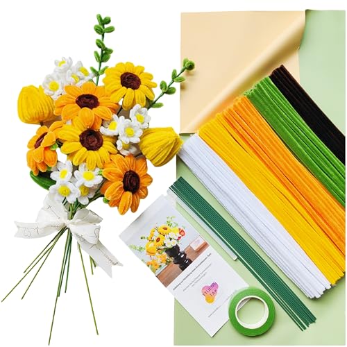 YYUENGTAK Sonnenblumen Blumenstrauß,Pfeifenreiniger Blumen Set,mit 210 Stück Pfeifenputzer zum basteln Blumen(5 Farben),Anweisungen,12 Stück Grün Basteldraht,Geschenkpapier,Geschenkband,Blumenband von YYUENG TAK