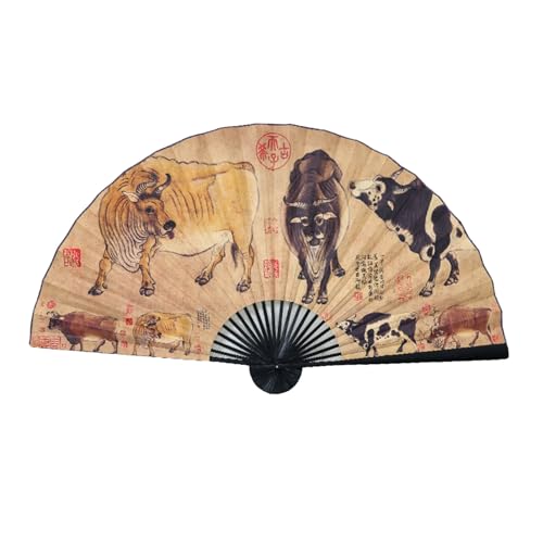 YYUINU Dekorativer Hängefächer, Fünf Stiermotive Design Großer Hängefächer, Chinesischer Retro-Stil Großer Faltfächer,Height 90cm Unfolded Length 160cm von YYUINU
