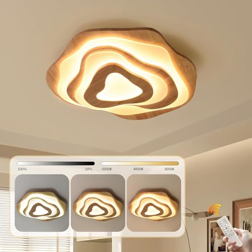 YYUTLUO Holz LED Deckenleuchte, 50W=Ø57cm 3500lm 3000K-6000K, Dimmbare Schlafzimmer Deckenleuchte, Wohnzimmer Licht Acrylschirm Herzform, Moderne Runde Deckenleuchte von YYUTLUO