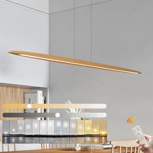 YYUTLUO LED Holz Pendelleuchte Esstisch Pendelleuchte, Dimmbar mit Fernbedienung Pendellampe, Höhenverstellbar, Modernes Geradliniges Design Wohnzimmerlampe Hängend für Büro Esszimmer (130cm) von YYUTLUO
