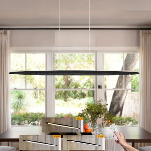 YYUTLUO LED Holz Pendelleuchte Esstisch Pendelleuchte, Schwarz Dimmbar mit Fernbedienung Pendellampe, Höhenverstellbar, Modernes Geradliniges Design Wohnzimmerlampe Hängend für Büro Esszimmer (130cm) von YYUTLUO