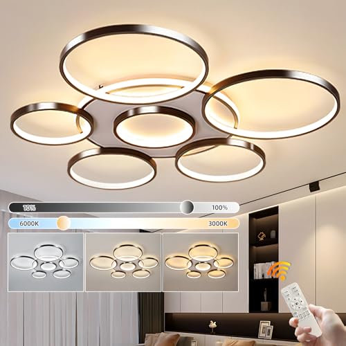 YYUTLUO Moderne LED Deckenleuchte, Ø110cm Schwarze Multi Kreislampe, 120W Stufenlos Dimmbar 3000–6000K Runder Kronleuchter Aus Metall + Acryl Schlafzimmer Wohnzimmer Kinder Büro Arbeitszimmer(7 Ringe) von YYUTLUO