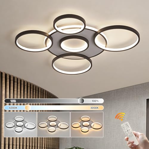 YYUTLUO Moderne LED Deckenleuchte, Ø85cm Schwarze Multi Kreislampe, 86W Stufenlos Dimmbar 3000–6000K, Runder Kronleuchter Aus Metall + Acryl, Schlafzimmer Wohnzimmer Kinder Büro Arbeitszimmer(6 Ringe) von YYUTLUO