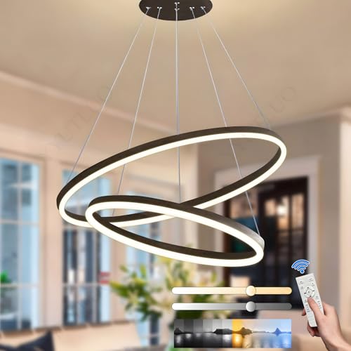 YYUTLUO Moderner DIY-Kreis-LED-Kronleuchter, 2 Braun Ring, ∅60+80cm=65W, H200cm Höhe Verstellbar, Metall+Acryl, Dimmbare Fernbedienung, Runde Hängelampe, Wohnzimmer Schlafzimmer Restaurant Büro von YYUTLUO