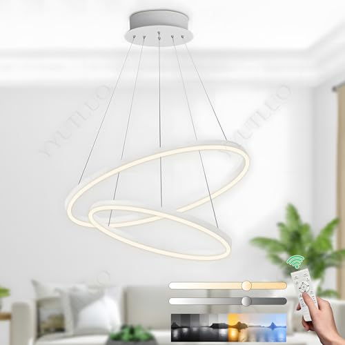 YYUTLUO Moderner DIY-Kreis-LED-Kronleuchter, 2 Weiß Ring, ∅40+60cm=40W, H200cm Höhe Verstellbar, Metall+Acryl, Dimmbare Fernbedienung, Runde Hängelampe, Wohnzimmer Schlafzimmer Restaurant Büro von YYUTLUO