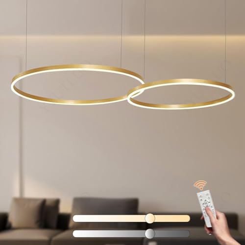 YYUTLUO Moderner DIY-Kreis-LED-Kronleuchter | 2 Golden Goldringe:60+80cm=65W | LED-Pendelleuchte aus Metall+Acryl | 2,4 G Dimmbare Fernbedienung | Runde Decken-Hängelampe Wohnzimmer Schlafzimmer von YYUTLUO