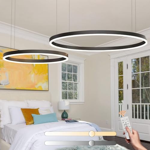 YYUTLUO Moderner DIY-Kreis-LED-Kronleuchter | 2 Schwarz Ringe:80+100cm=80W | LED-Pendelleuchte aus Metall+Acryl | 2,4 G Dimmbare Fernbedienung | Runde Decken-Hängelampe Wohnzimmer Schlafzimmer von YYUTLUO