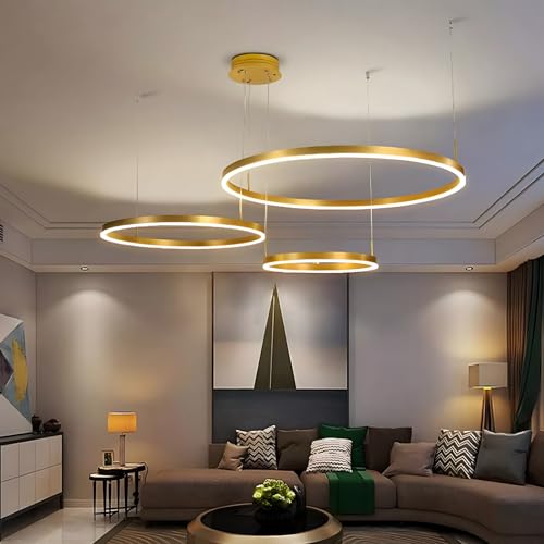 YYUTLUO Moderner DIY-Kreis-LED-Kronleuchter | 3 Golden Goldringe:40+60+80cm=90W | LED-Pendelleuchte aus Metall+Acryl | 2,4 G Dimmbare Fernbedienung | Runde Decken-Hängelampe Wohnzimmer Schlafzimmer von YYUTLUO