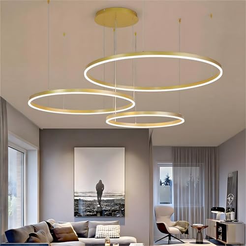 YYUTLUO Moderner DIY-Kreis-LED-Kronleuchter | 3 Golden Goldringe:60+80+100cm=108W | LED-Pendelleuchte aus Metall+Acryl | 2,4 G Dimmbare Fernbedienung | Runde Decken-Hängelampe Wohnzimmer Schlafzimmer von YYUTLUO