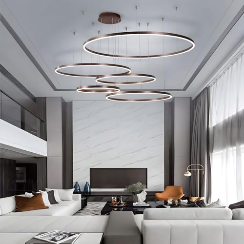 YYUTLUO Moderner DIY-Kreis-LED-Kronleuchter | 5 Braun Goldringe:20+40+60+80+100cm=130W |LED-Pendelleuchte aus Metall+Acryl 2,4 G Dimmbare Fernbedienung Runde Decken-Hängelampe Wohnzimmer Schlafzimmer von YYUTLUO