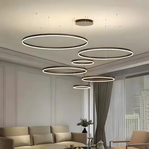 YYUTLUO Moderner DIY-Kreis-LED-Kronleuchter | 5 Schwarz Goldringe:20+40+60+80+100cm=130W LED-Pendelleuchte aus Metall+Acryl 2,4 G Dimmbare Fernbedienung Runde Decken-Hängelampe Wohnzimmer Schlafzimmer von YYUTLUO