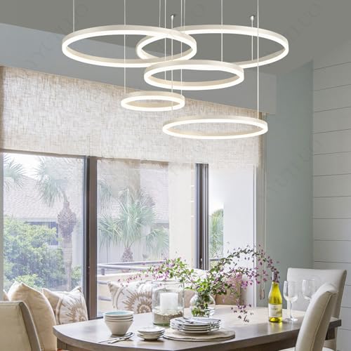 YYUTLUO Moderner DIY-Kreis-LED-Kronleuchter | 5 Weiß Goldringe:20+40+60+80+100cm=130W |LED-Pendelleuchte aus Metall+Acryl 2,4 G Dimmbare Fernbedienung Runde Decken-Hängelampe Wohnzimmer Schlafzimmer von YYUTLUO