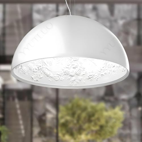 YYUTLUO Sky Garden Einzelkopf-Kronleuchter, Weiße Runde, 200cm Hängedraht Verstellbar, Ø 60cm Metalllampenschirm + Relief-Kunsthandwerk Im Inneren, Wohnzimmer, Schlafzimmer, Esszimmer(Ohne Glühbirne) von YYUTLUO