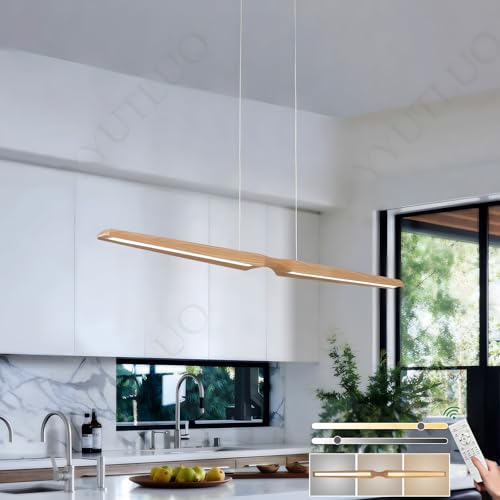 YYUTLUO Speziell Linearer Esstisch-Kronleuchter Aus Holz, Stufenloses Dimmen Mit Fernbedienung, 2 Lichtquellen, Höhenverstellbar, Modernes Und Einfaches Wohnzimmer, Büro, Esszimmer (L100 x H150 cm) von YYUTLUO