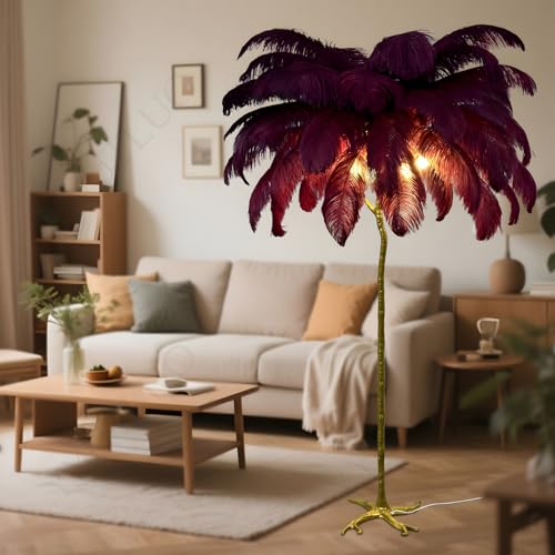 YYUTLUO Stehlampe Mit Dunkelrot Federn, Körper Aus goldenem Kunstharz+Straußenfeder+Metallsockel, 3 Farbtemperaturen, E14-LED-Birnen*5, Wohnzimmer Esszimmer Aktivität Kinderzimmer(H180*Ø110cm) von YYUTLUO