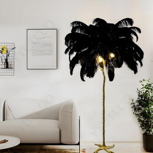 YYUTLUO Stehlampe Mit Schwarz Federn, Körper Aus goldenem Kunstharz+Natürliche Straußenfeder+Metallsockel, 3 Farbtemperaturen, E14-LED-Birnen*4, Wohnzimmer Esszimmer Aktivität Kinderzimmer(H170*Ø90cm) von YYUTLUO