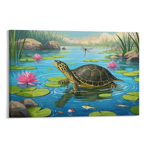 YYVKPMLXC African Sideneck Schildkröte Kunstdruck Auf Leinwand Frühlings Lotos Teich Leinwandkunst Modern Gemälde Schlafzimmer Esszimmer Heimdekoration 08x12inch(20x30cm) von YYVKPMLXC