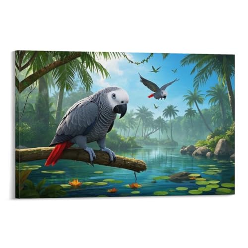 YYVKPMLXC Afrikanischer Graupapagei Leinwand Bilder Tropischen Regenwald Wandkunst Modern Gemälde Geschenk Zum Geburtstag Schlafzimmer Wohnung Deko 12x18inch(30x45cm) von YYVKPMLXC
