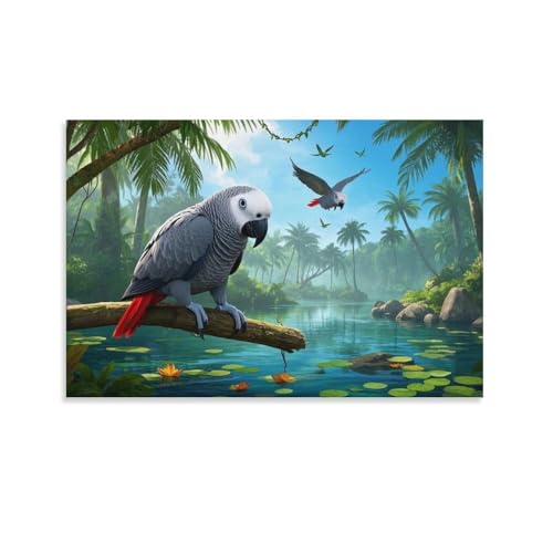 YYVKPMLXC Afrikanischer Graupapagei Ölgemälde Auf Leinwand Tropischen Regenwald Leinwandkunst Modern Gemälde Home Deko Esszimmer Kunstwerk Für Badezimmer Büro 20x30inch(50x75cm) von YYVKPMLXC