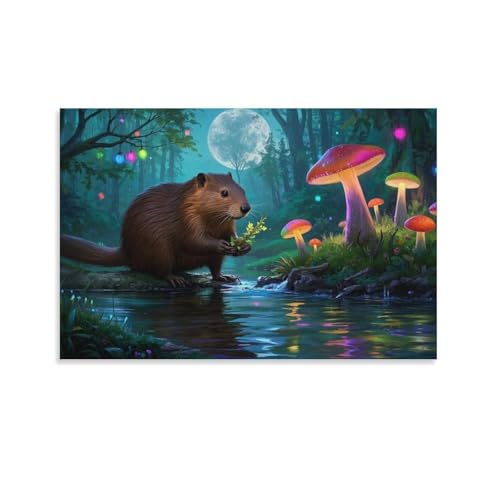 YYVKPMLXC Biber Fotobild Auf Leinwand Waldnacht Leinwandmalerei Modern Gemälde Geschenk Zum Geburtstag Schlafzimmer Wanddekoration 08x12inch(20x30cm) von YYVKPMLXC