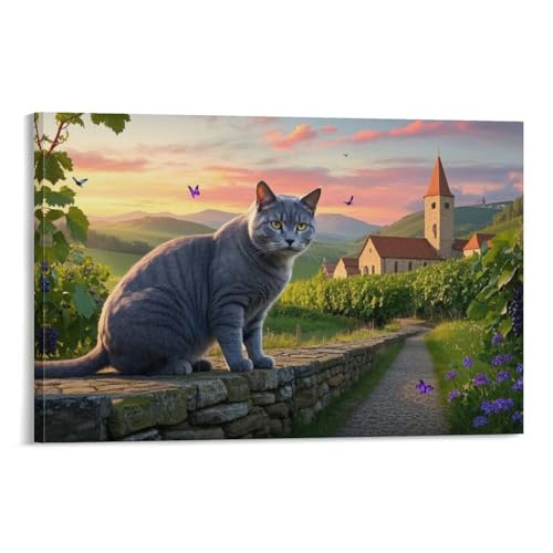 YYVKPMLXC Chartreux-Katze Fotobild Auf Leinwand ländliche Landschaft Leinwandmalerei Modern Gemälde Geschenk Zum Geburtstag Schlafzimmer Wanddekoration 08x12inch(20x30cm) von YYVKPMLXC