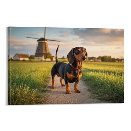 YYVKPMLXC Dachshund Ölgemälde Auf Leinwand Weizenfeld Windmühle Leinwandkunst Modern Gemälde Home Deko Esszimmer Kunstwerk Für Badezimmer Büro 08x12inch(20x30cm) von YYVKPMLXC