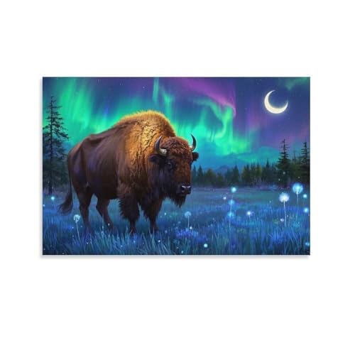 YYVKPMLXC Europäischer Bison Ölgemälde Auf Leinwand Waldnacht Leinwandkunst Modern Gemälde Home Deko Esszimmer Kunstwerk Für Badezimmer Büro 12x18inch(30x45cm) von YYVKPMLXC