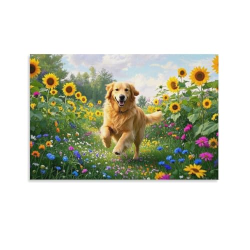YYVKPMLXC Golden Retriever Leinwand Bilder Frühlingsgarten Leinwandkunst Ästhetisch Gemälde Home Deko Esszimmer Wanddekoration 12x18inch(30x45cm) von YYVKPMLXC